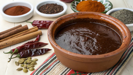 chocolate sauce in a clay pot with spices on a white backgroundの素材