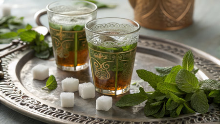 Glasses of mint tea on tray, closeup. Refreshing drinkの素材