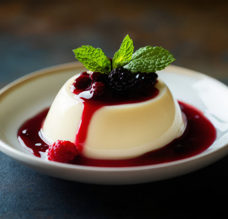 Panna cotta with fresh berries and mint, selective focus.の素材