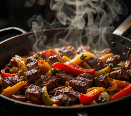 Beef stir fry with bell peppers and onions in a frying panの素材
