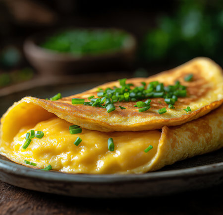 Delicious omelet with green onion on rustic wooden backgroundの素材
