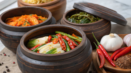 Korean traditional food Kimchi in clay pots, close-upの素材