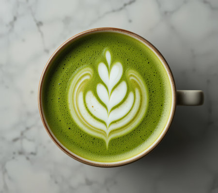 A cup of matcha latte art on white marble background.の素材
