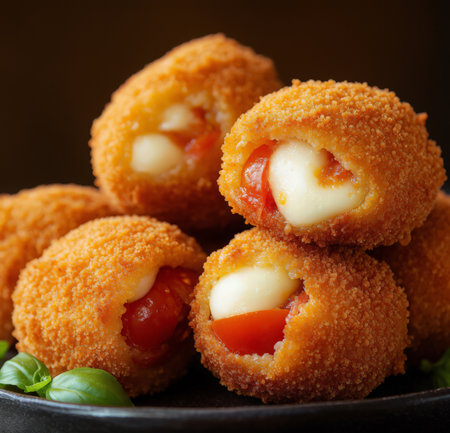 Breaded mozzarella cheese balls with tomato, selective focusの素材