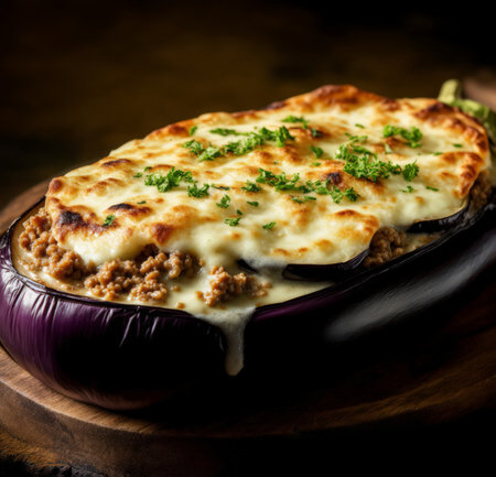 Baked eggplant with minced meat and cheese on a wooden backgroundの素材