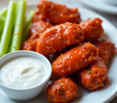 Buffalo Chicken Wings with celery and sour cream, selective focusの素材