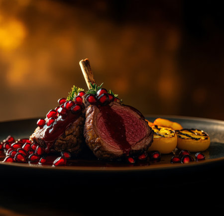 steak with pomegranate sauce on a dark background.の素材