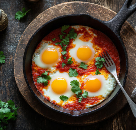 Fried eggs with parsley in a frying pan on a dark wooden backgroundの素材