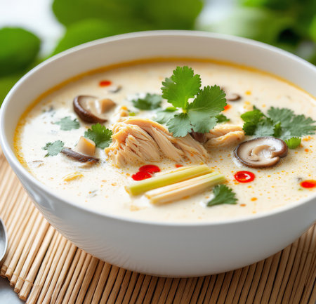 Creamy soup with chicken, mushrooms and celery in bowlの素材