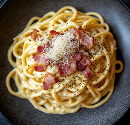 Spaghetti Carbonara with bacon and parmesan cheese in black bowlの素材
