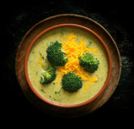 Broccoli cream soup on dark background, top view, copy spaceの素材