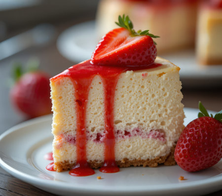 Strawberry Cheesecake on a white plate, selective focusの素材
