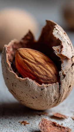 close up of a broken hazelnut on a rustic backgroundの素材