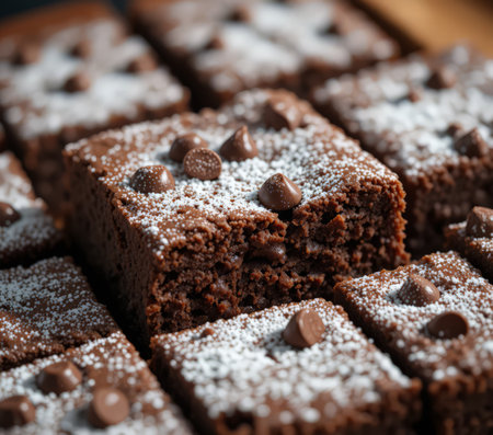 Chocolate brownies with chocolate chips and icing sugar. Selective focus.の素材