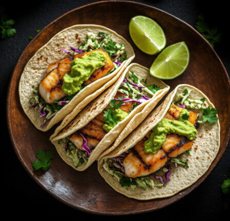 Mexican fish tacos with guacamole, avocado and red onionの素材