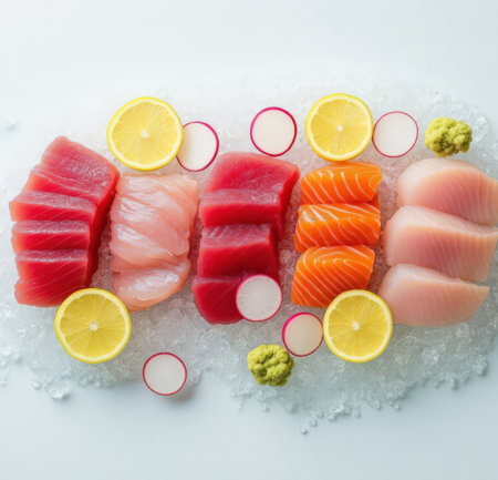 Sashimi set on ice with lemon and radish, top viewの素材