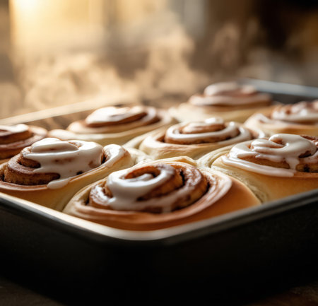 Cinnamon rolls in a baking sheet on a dark wooden background.の素材
