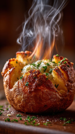 baked potato with butter and parsley on a wooden board, verticalの素材
