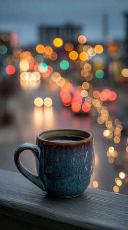 Cup of coffee in the city at night with bokehの素材
