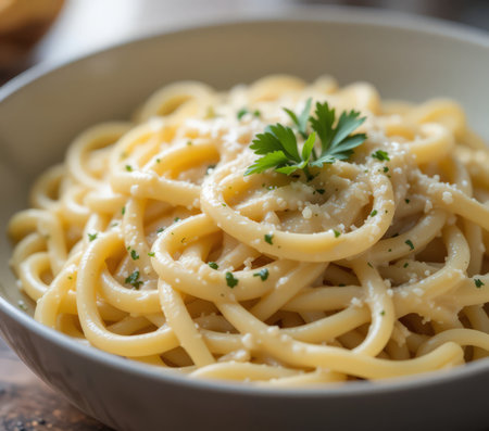 Spaghetti Carbonara with parmesan cheese and parsley in a bowlの素材