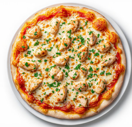 Pizza with chicken and mozzarella isolated on white background.の素材