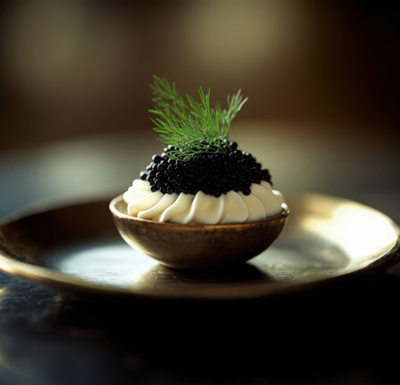 Black and white caviar in a wooden spoon on a dark backgroundの素材