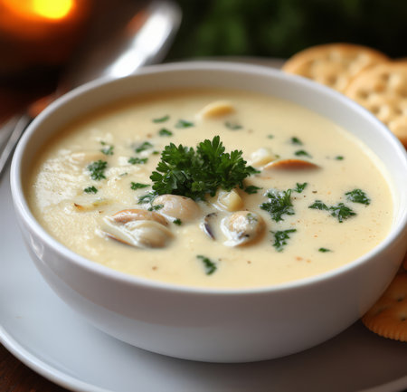 Creamy mushroom soup with croutons and parsley.の素材