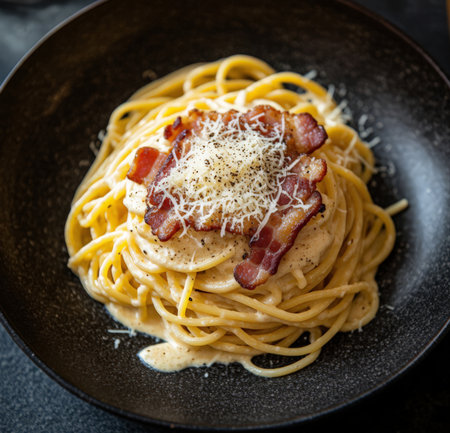 Spaghetti Carbonara with bacon and cheese in black plate on dark backgroundの素材