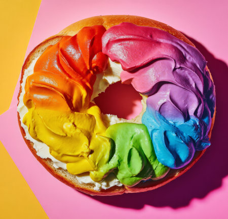 Donut with multicolored cream on a pink and yellow backgroundの素材