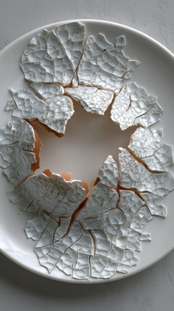 Broken ceramic plate on a white background. Close-up.の素材