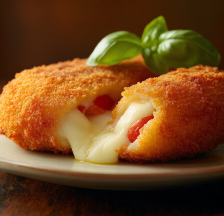 Breaded mozzarella cheese with tomato and basil, squareの素材