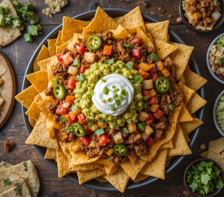 Mexican nachos with guacamole sauce and salsaの素材