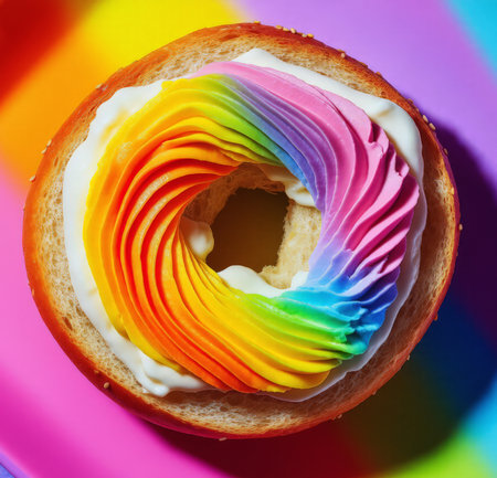 Rainbow donut on rainbow background. Colorful rainbow donut.の素材