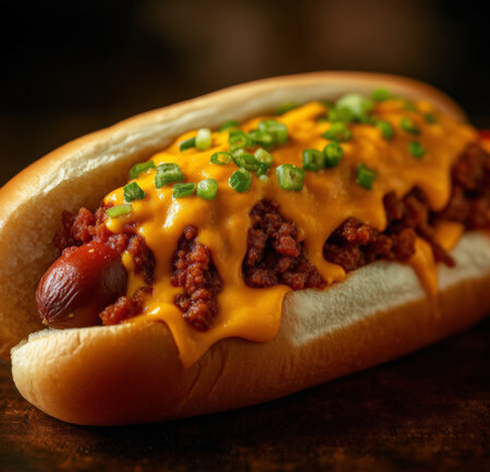 Hot dog with mustard and chives on a wooden background. Selective focus.の素材