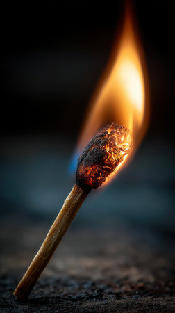 Burning match on a dark background. Selective focus. Shallow depth of fieldの素材