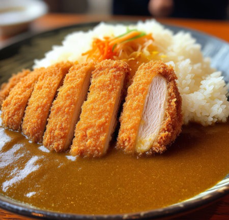 Japanese food, pork cutlet in curry sauce with rice on plateの素材