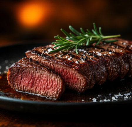 Grilled beef steak with rosemary and salt on wooden table.の素材