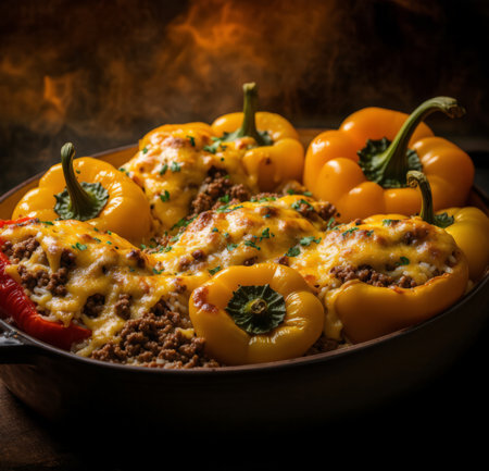 Baked stuffed bell peppers with minced meat and cheese in a panの素材