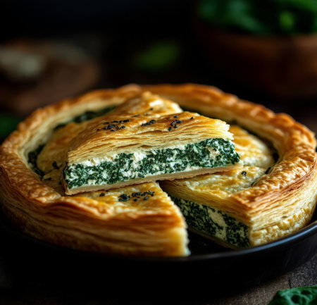 Puff pastry with spinach and feta cheese. toning. selective focusの素材
