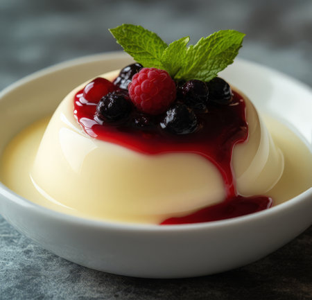 Panna cotta with fresh berries, selective focus, square imageの素材