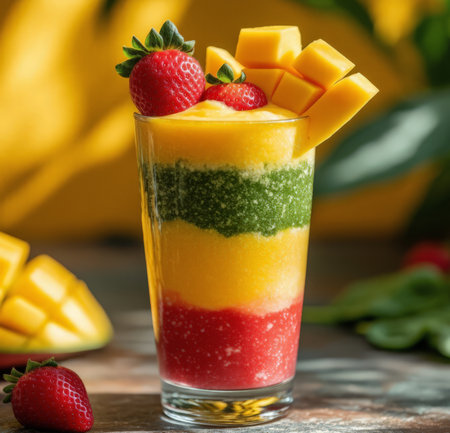 Mango and strawberry smoothies in a glass on a wooden backgroundの素材