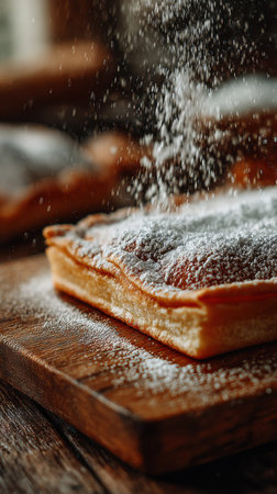puff pastry with powdered sugar on a dark wood background. tinting. selective focusの素材