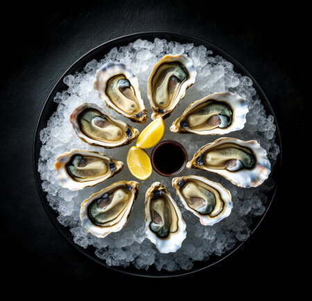 Fresh oysters with lemon and ice on black background, top viewの素材