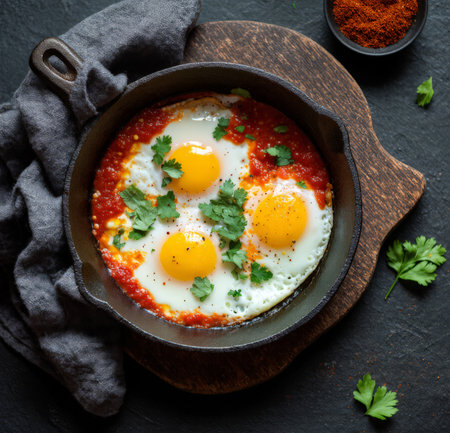 Fried eggs with parsley in frying pan on black stone backgroundの素材