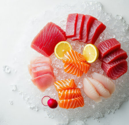 sashimi with lemon and radish on ice, top viewの素材