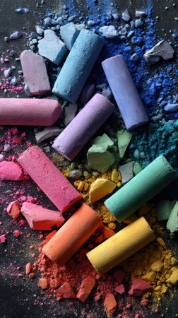 Colorful crayons and powder on black table, closeupの素材