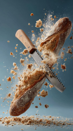 Falling baguette with knife on blue background, closeupの素材