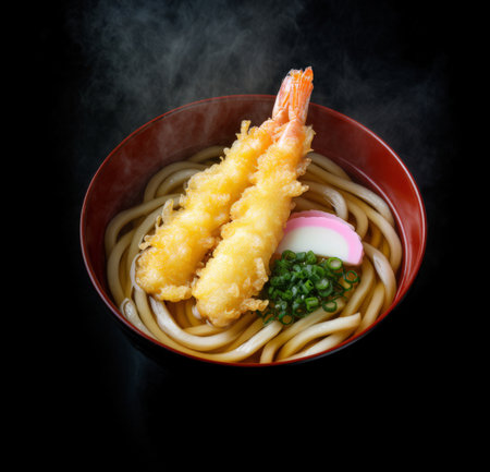 Japanese Udon noodles with shrimps tempura on black backgroundの素材