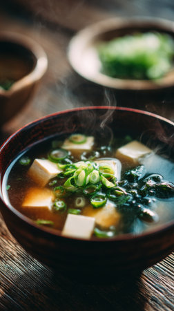 Japanese miso soup with tofu and green onions in a bowl.の素材