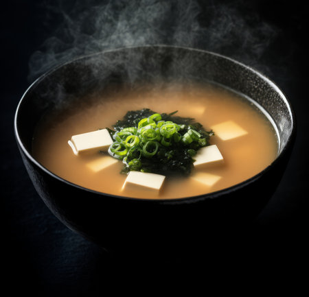Japanese miso soup with seaweed and tofu on black background.の素材